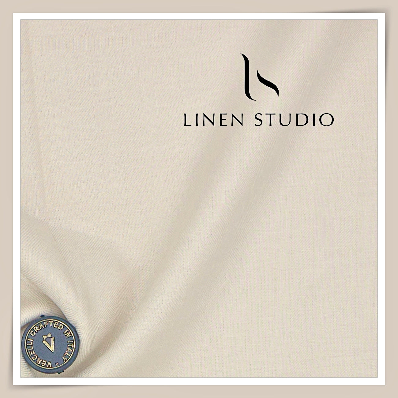80 Lea French Linen Shirting by Vercelli Italy - Beige HERRINGBONE Pattern (Zoom In) (NEW)