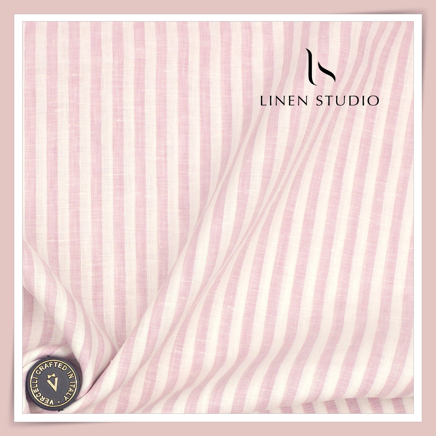 70 Lea Pure French Linen Shirting by Vercelli Italy - Pink with White Awning Stripes (NEW)