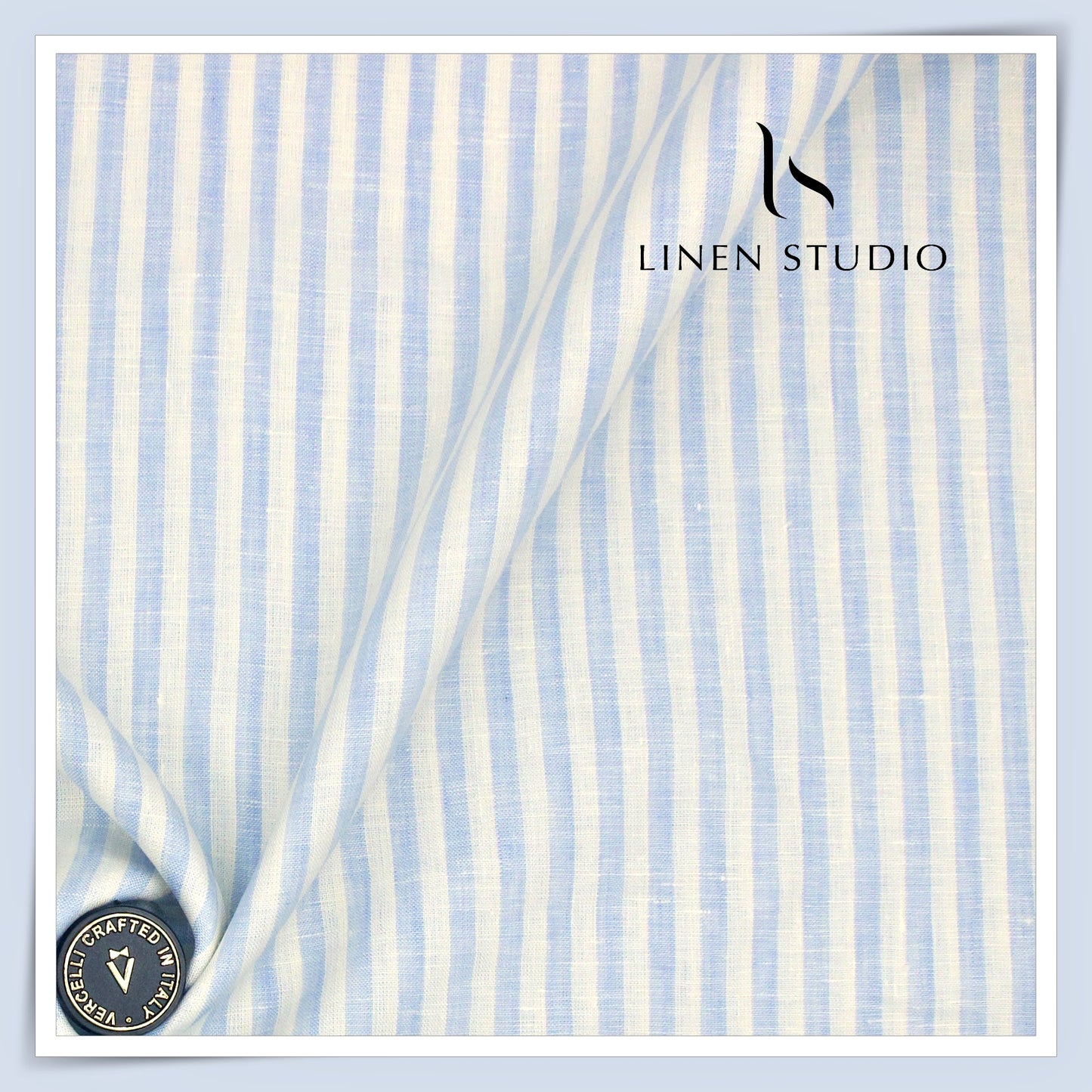 70 Lea Pure French Linen Shirting by Vercelli Italy - Blue with White Awning Stripes (NEW)