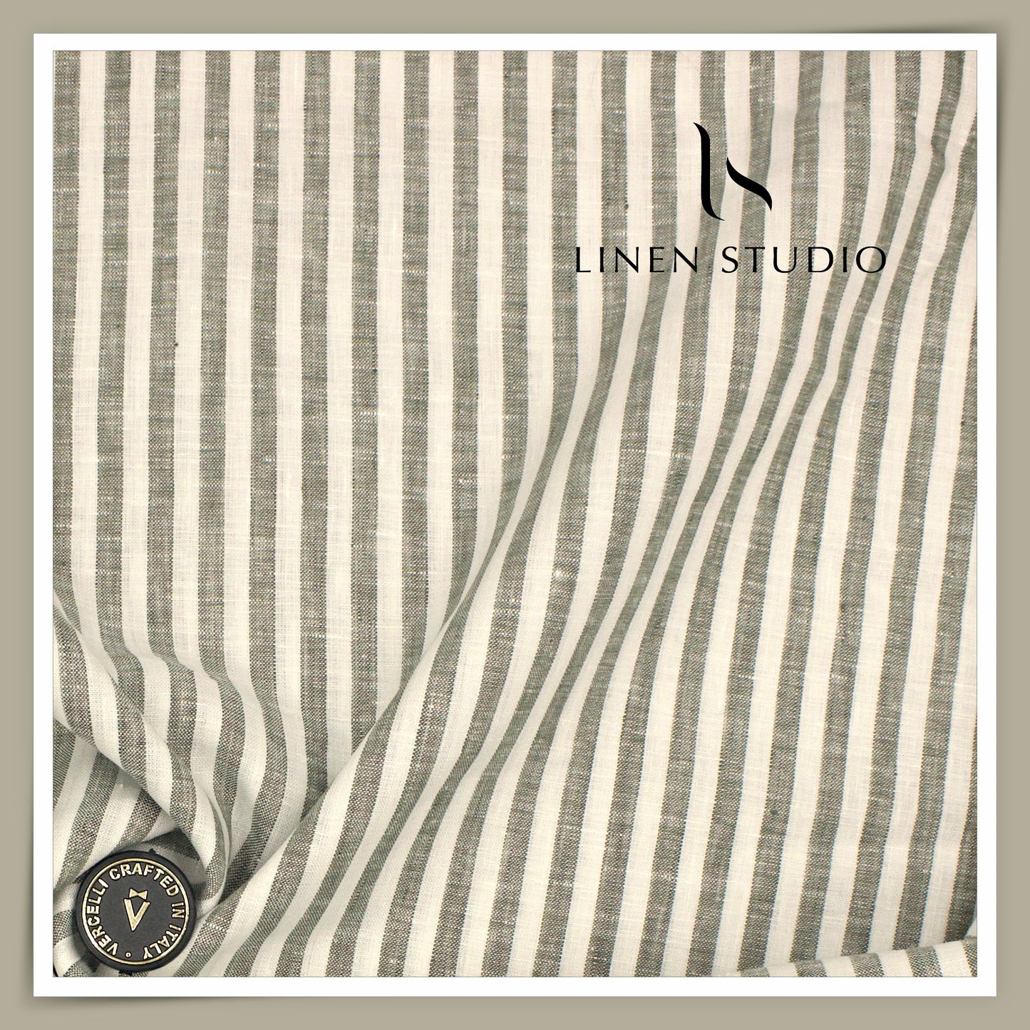 70 Lea Pure French Linen Shirting by Vercelli Italy - Green with White Awning Stripes (NEW)