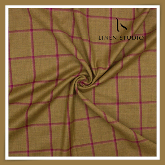 Super 120's Australian Merino Milled Wool by Vercelli Italy - Golden Brown Raspberry Checks (NEW) (Fastest Selling)