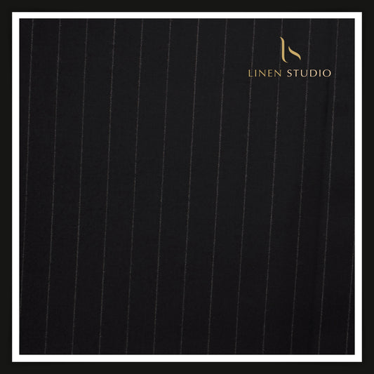 Vercelli Italy Snowdrift 120's 70% Wool Rich Milled Suiting - Jet Black with Chalk Pinstripe (NEW)