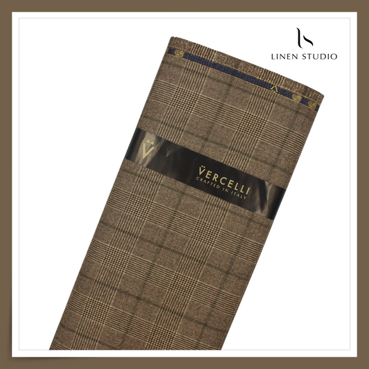 130's Australian Merino Wool Milled Suiting by Vercelli - Tobacco Brown Checks (NEW) (Zoom In)