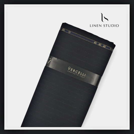 130's Australian Merino Wool Milled Suiting by Vercelli - Pure Black Stripes (NEW)