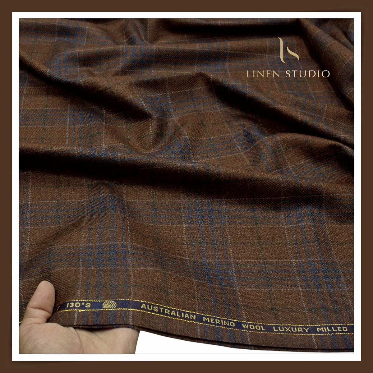 Vercelli Italy Snowdrift 130's 70% Australian Merino Wool Rich Milled Suiting - Chestnut Brown & Navy Windowpane Check (Latest Collection)
