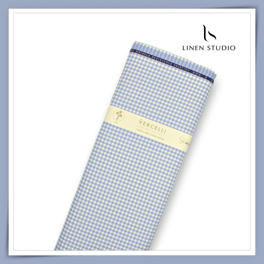 2/100's Wrinkle Resistant Supima Cotton Shirting by Vercelli - Cold Blue Gingham Checks (NEW)
