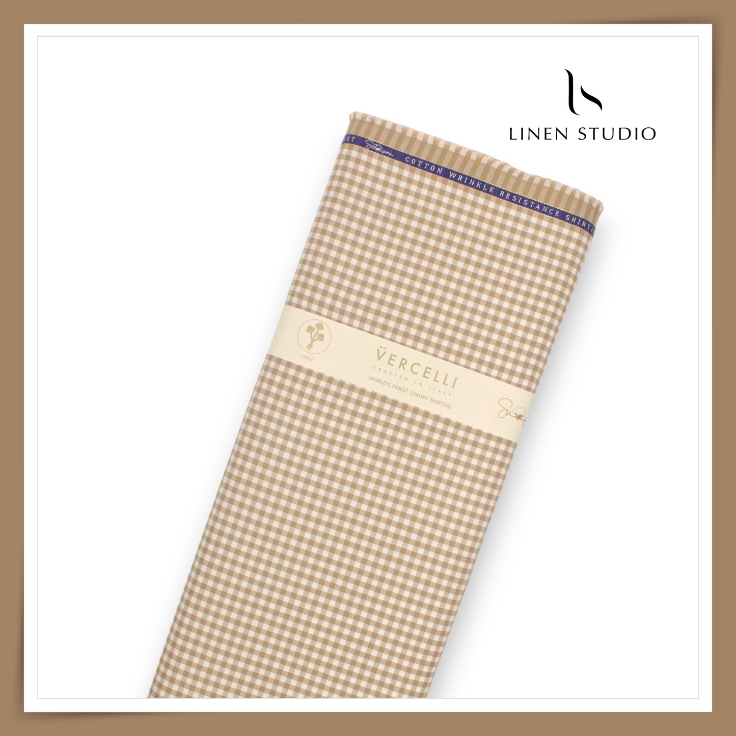2/100's Wrinkle Resistant Supima Cotton Shirting by Vercelli - Pale Taupe Gingham Checks (NEW)