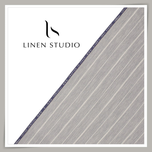 2/100's Supima Cotton Shirting by Vercelli Italy - Grey with Classic White Broad Stripes (NEW)
