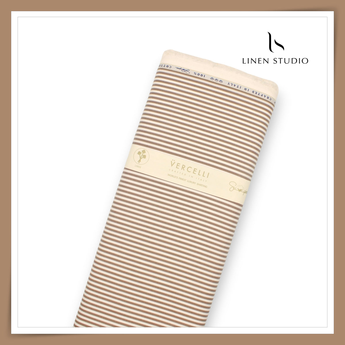 100% Supima Cotton Shirting by Vercelli Italy - Brown & White Awning Stripes (Fastest Selling) (NEW)