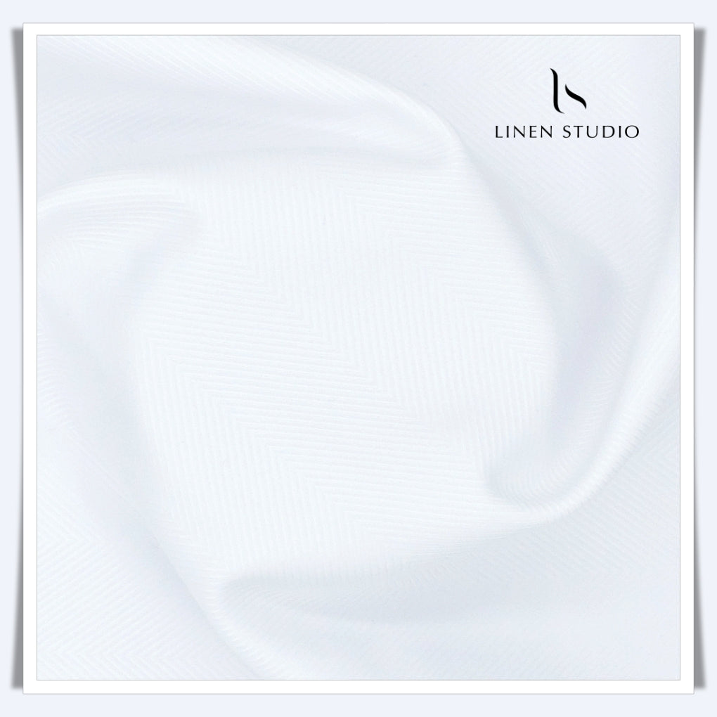 2/100's Finest Supima Cotton by Vercelli - Pure White Herringbone Design (Zoom In)