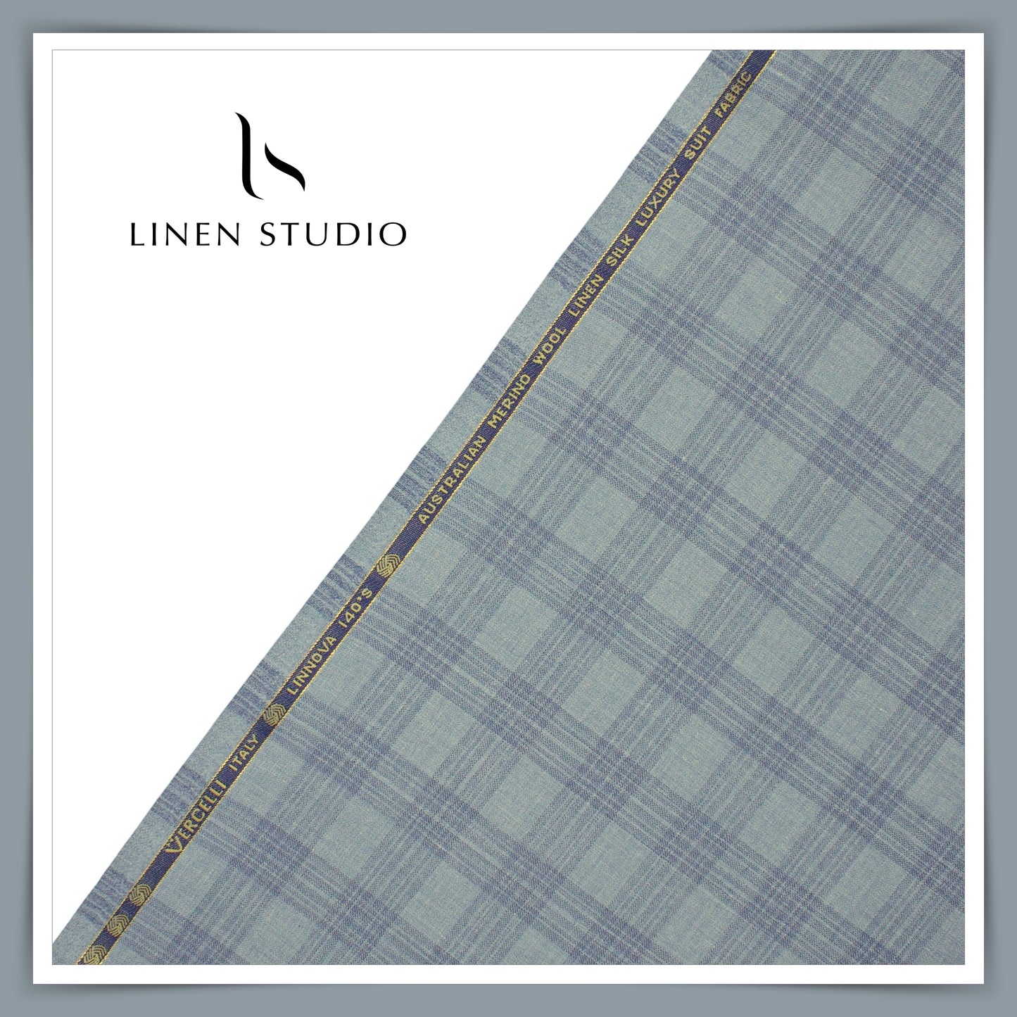140's Merino Wool / Linen / Silk by Vercelli Italy - Blueish Grey Checks (NEW)
