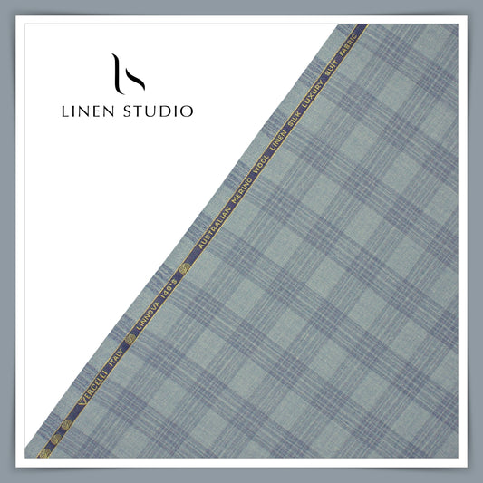 140's Merino Wool / Linen / Silk by Vercelli Italy - Blueish Grey Checks (NEW)