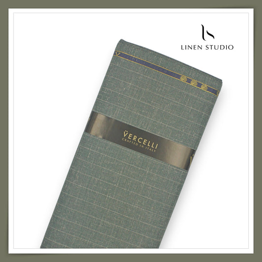 140's Merino Wool / Linen / Silk Suiting by Vercelli Italy - Warm Green Stripes (NEW)