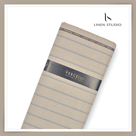 140's Merino Wool / Linen / Silk Suiting by Vercelli Italy - Oatmeal with Blue Stripes (NEW)