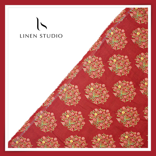 100% Pure Linen Digitally Printed by LINEN STUDIO - Laal Guldasta (NEW) (ZOOM IN)