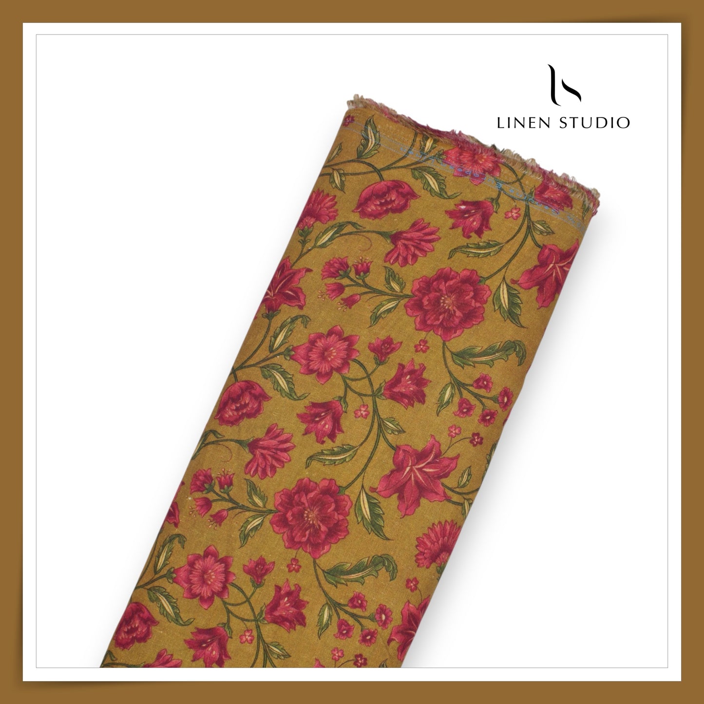 100% Pure Linen Digitally Printed by LINEN STUDIO - Golden Raspberry (NEW) (ZOOM IN)