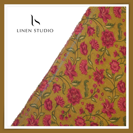 100% Pure Linen Digitally Printed by LINEN STUDIO - Golden Raspberry (NEW) (ZOOM IN)