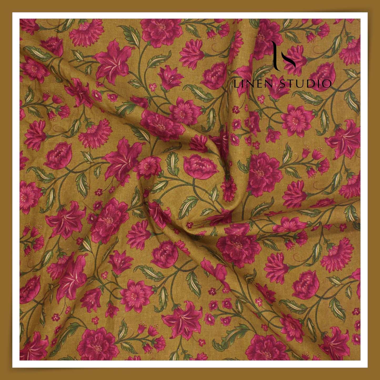 100% Pure Linen Digitally Printed by LINEN STUDIO - Golden Raspberry (NEW) (ZOOM IN)