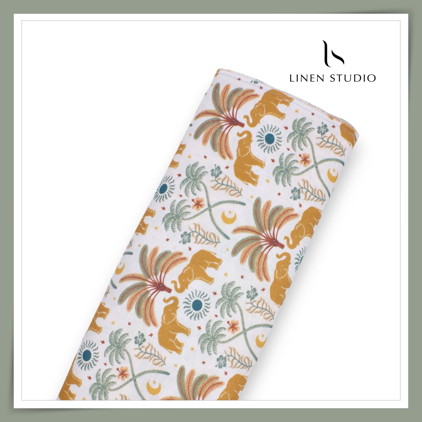 100% Pure Linen Digitally Printed by LINEN STUDIO - Tropical Elephant (NEW) (ZOOM IN)