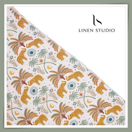 100% Pure Linen Digitally Printed by LINEN STUDIO - Tropical Elephant (NEW) (ZOOM IN)