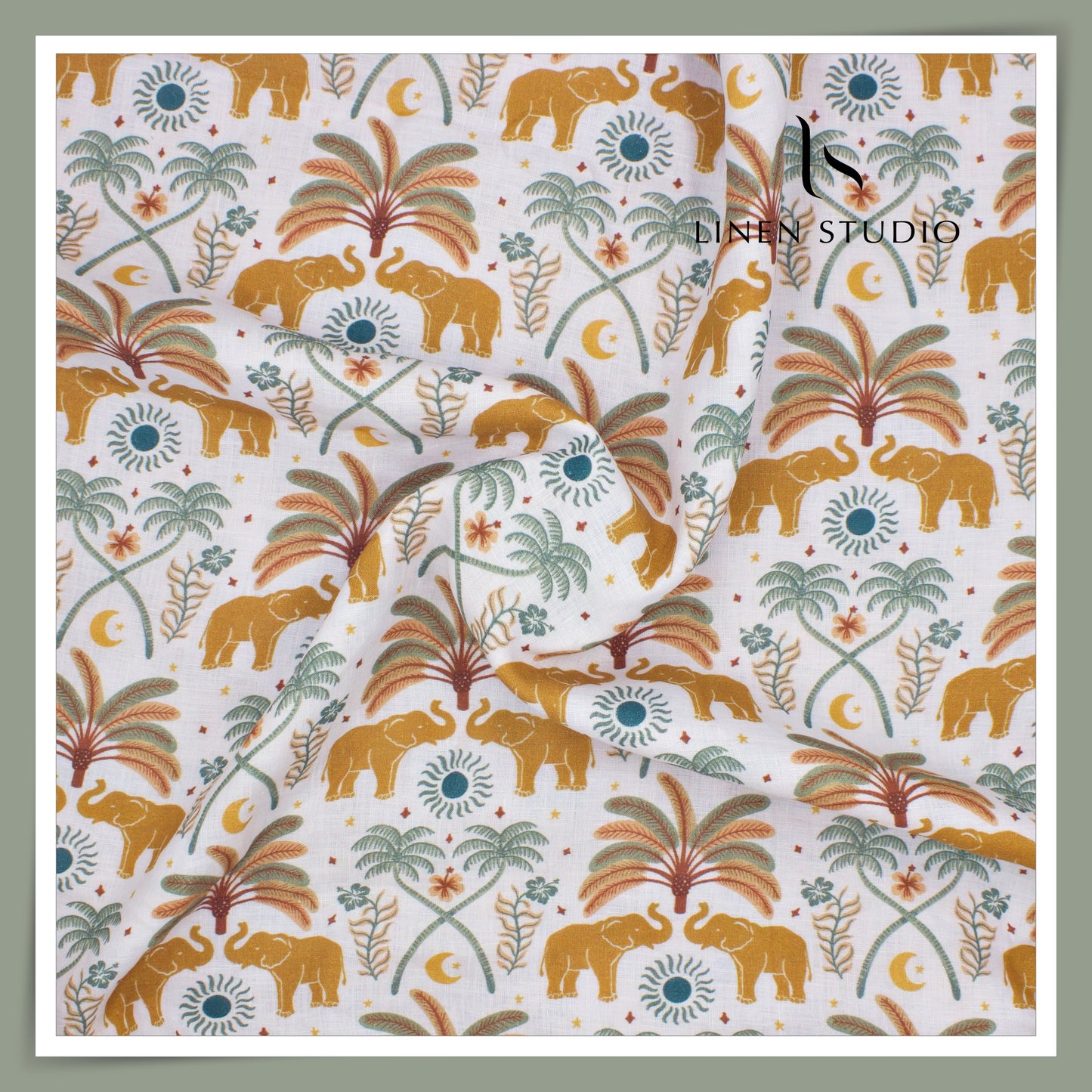 100% Pure Linen Digitally Printed by LINEN STUDIO - Tropical Elephant (NEW) (ZOOM IN)