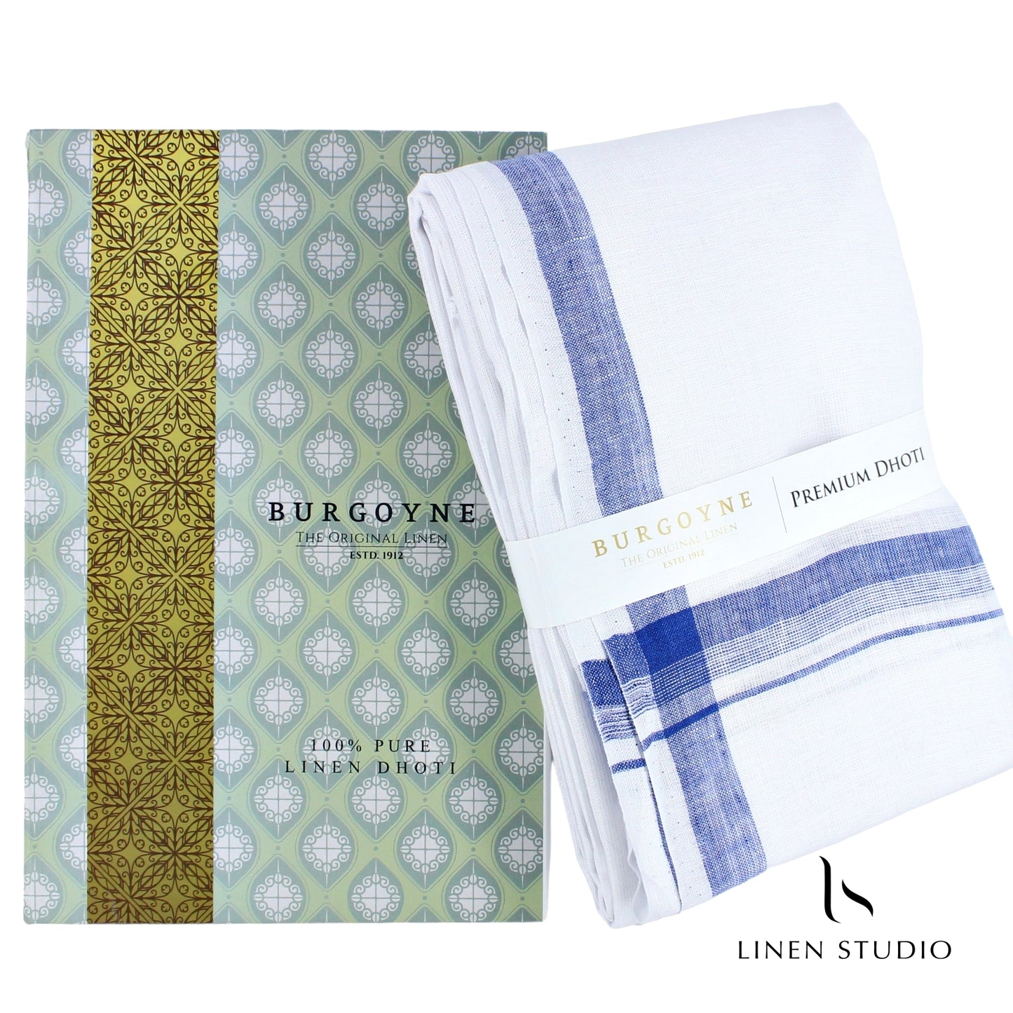 Blue Plain Border - Pure Linen Dhoti by Burgoyne - Linen Studio