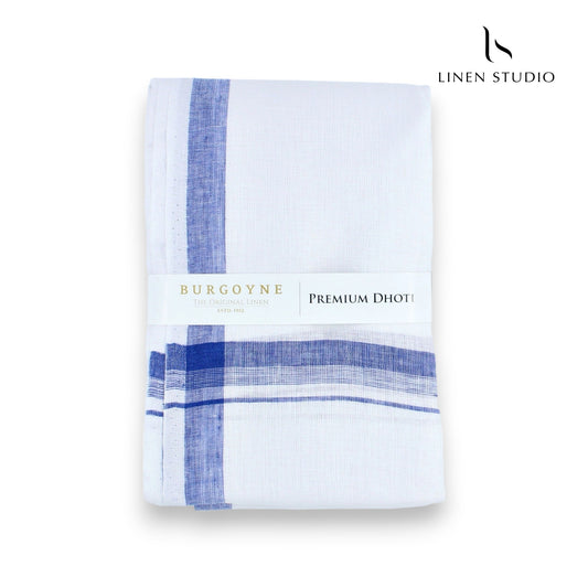 Blue Plain Border - Pure Linen Dhoti by Burgoyne - Linen Studio