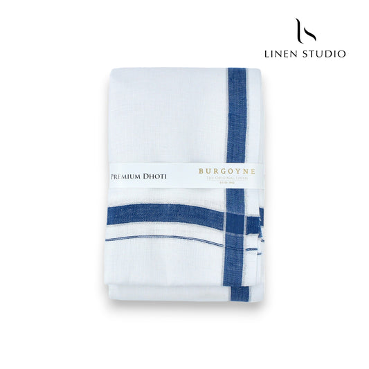 Denim Blue Border - Pure Linen Dhoti By Burgoyne - Linen Studio