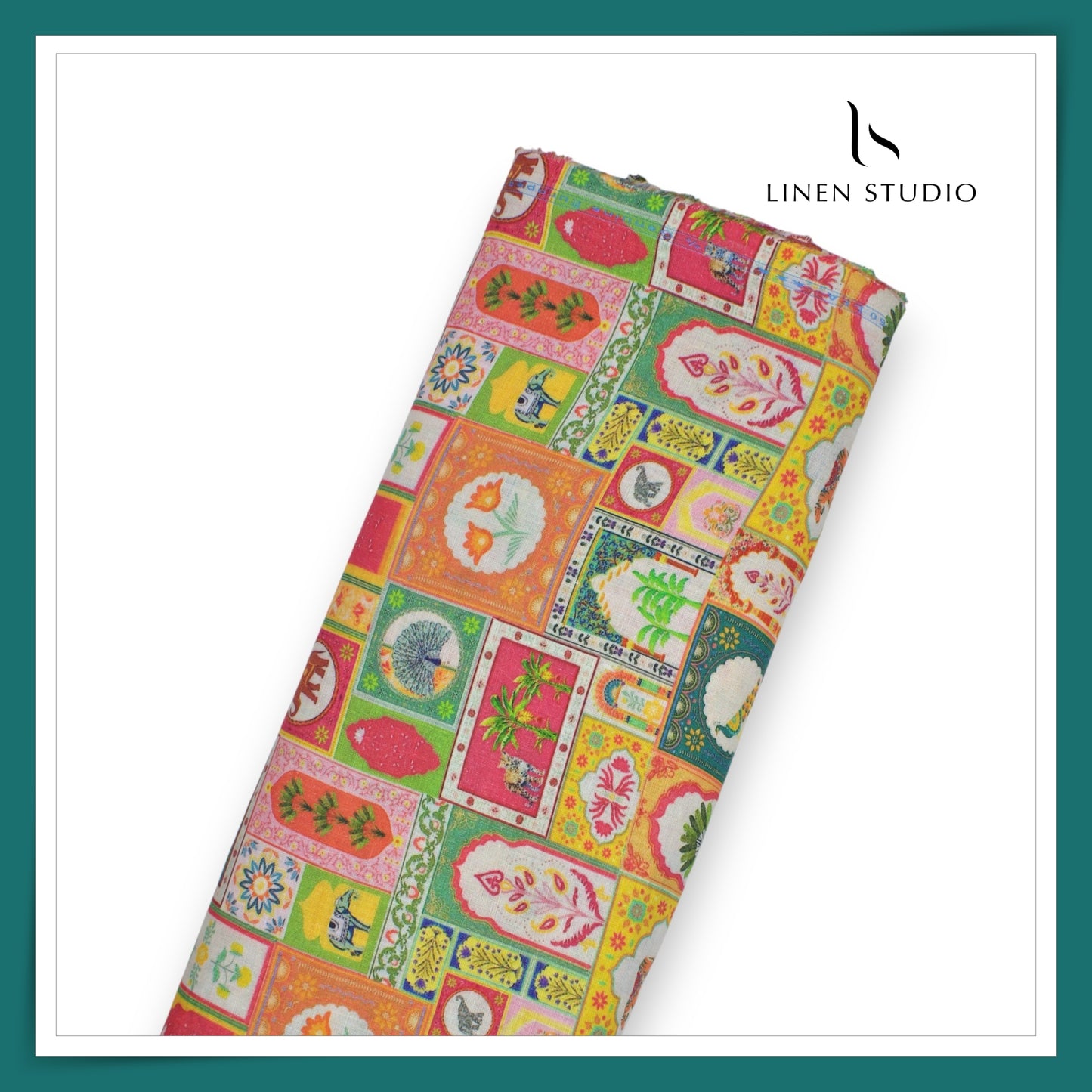 100% Pure Linen Digitally Printed by LINEN STUDIO - Multicolour Karigari (NEW) (ZOOM IN)