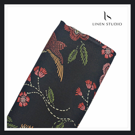 100% Pure Linen Digitally Printed by LINEN STUDIO - Black Flora & Bird (NEW) (Exclusive)