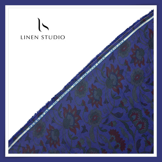 100% Pure Linen Digitally Printed by LINEN STUDIO - Purple Pushp (NEW) (ZOOM IN)