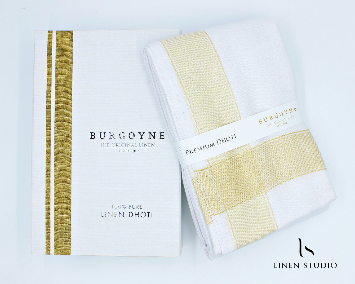 Pure Linen Dhoti by Burgoyne - Gold Zari Border