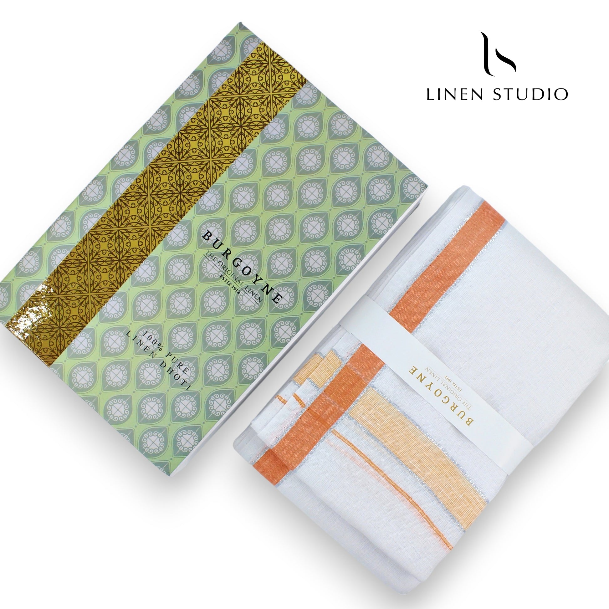 Orange Border - Pure Linen Dhoti by Burgoyne - Linen Studio