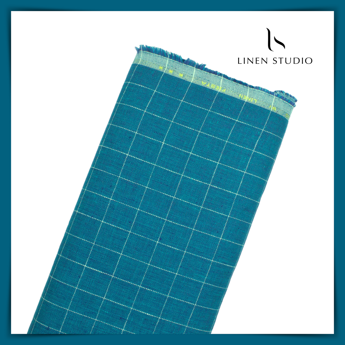 100% Pure Linen 40 Lea Suiting by Linen Fiesta - Ocean Cyan Blue Checks (NEW) (65% SALE)