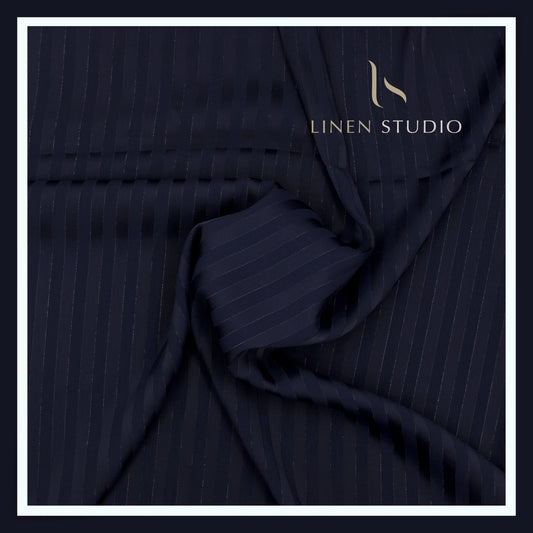 Wrinkle Free Lightweight Polynosic Shirting - Dark Blue Stripes with Mild Silver Zari (NEW)