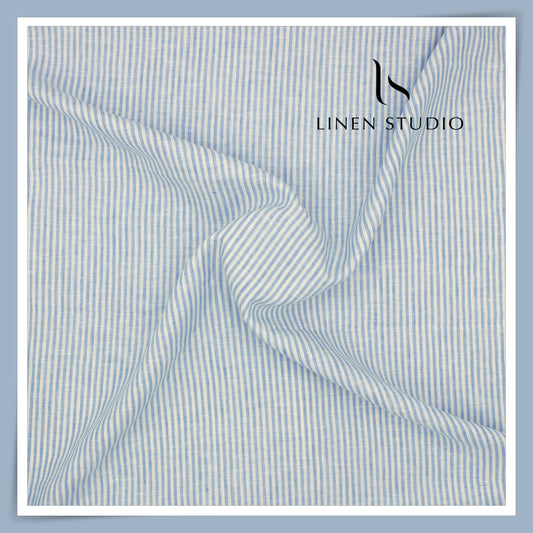60 Lea Pure European Linen Shirting - Off White & Blue Sober Stripes (NEW) (Limited Stock)