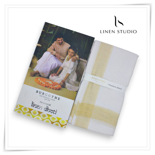 Gold Zari Border - Pure Linen Premium Ceremonial Dhoti by Burgoyne (NEW) (Highest Selling)