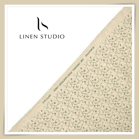 60 Lea Printed Linen Shirting by Burgoyne - Natural & Green Floral (NEW)