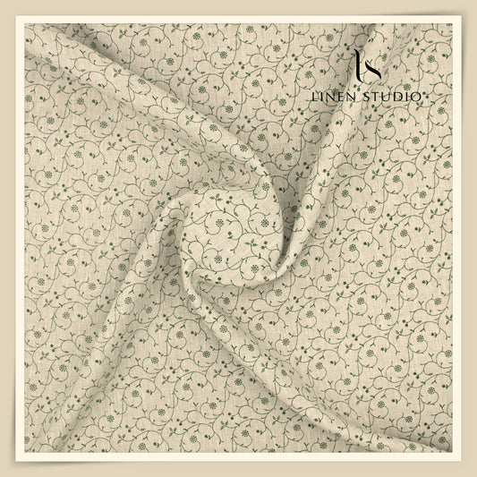 60 Lea Printed Linen Shirting by Burgoyne - Natural & Green Floral (NEW)