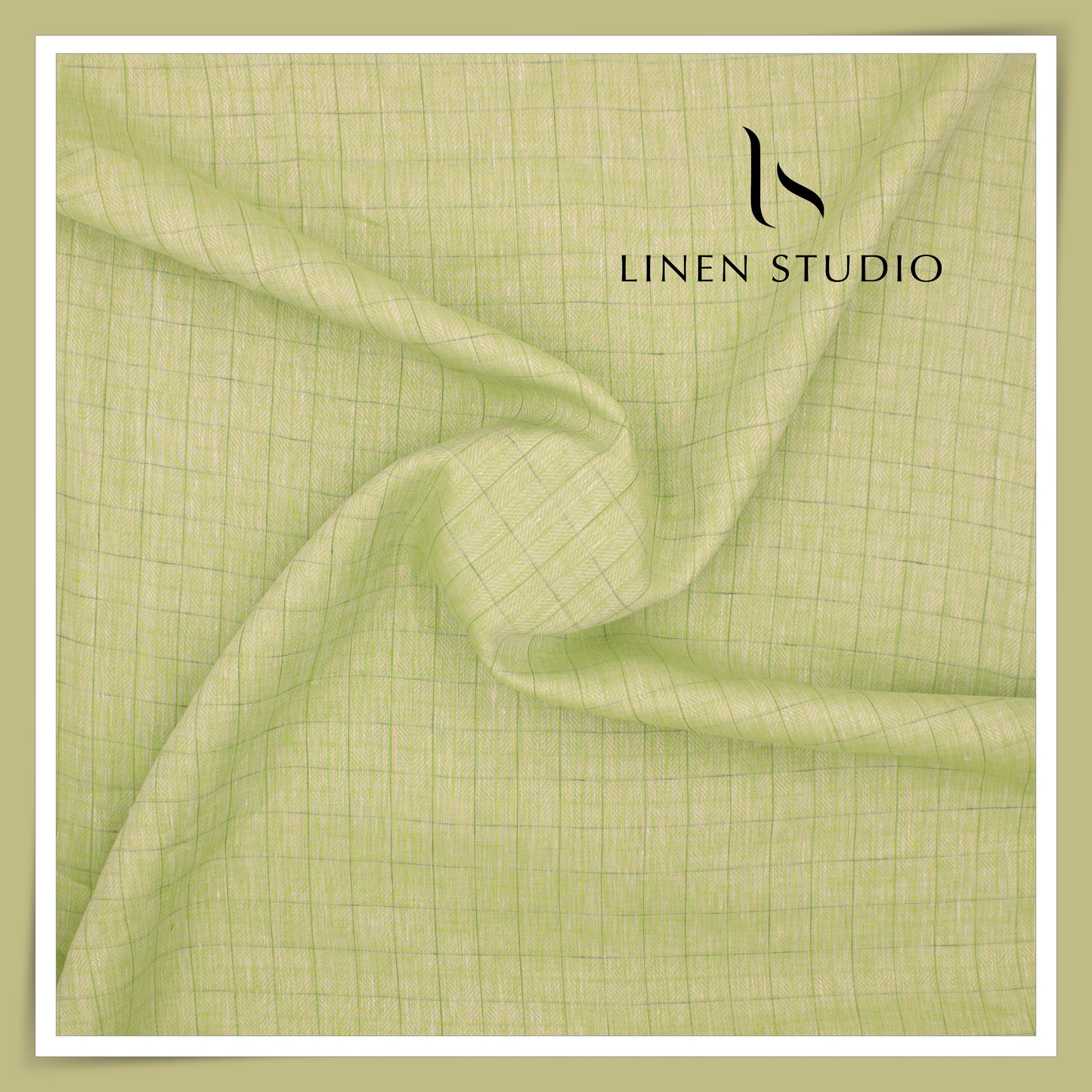 100 LEA PREMIUM Linen Shirting by Burgoyne - Green Herringbone Checks (NEW) (Zoom In)