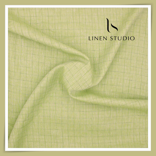 100 LEA PREMIUM Linen Shirting by Burgoyne - Green Herringbone Checks (NEW) (Zoom In)