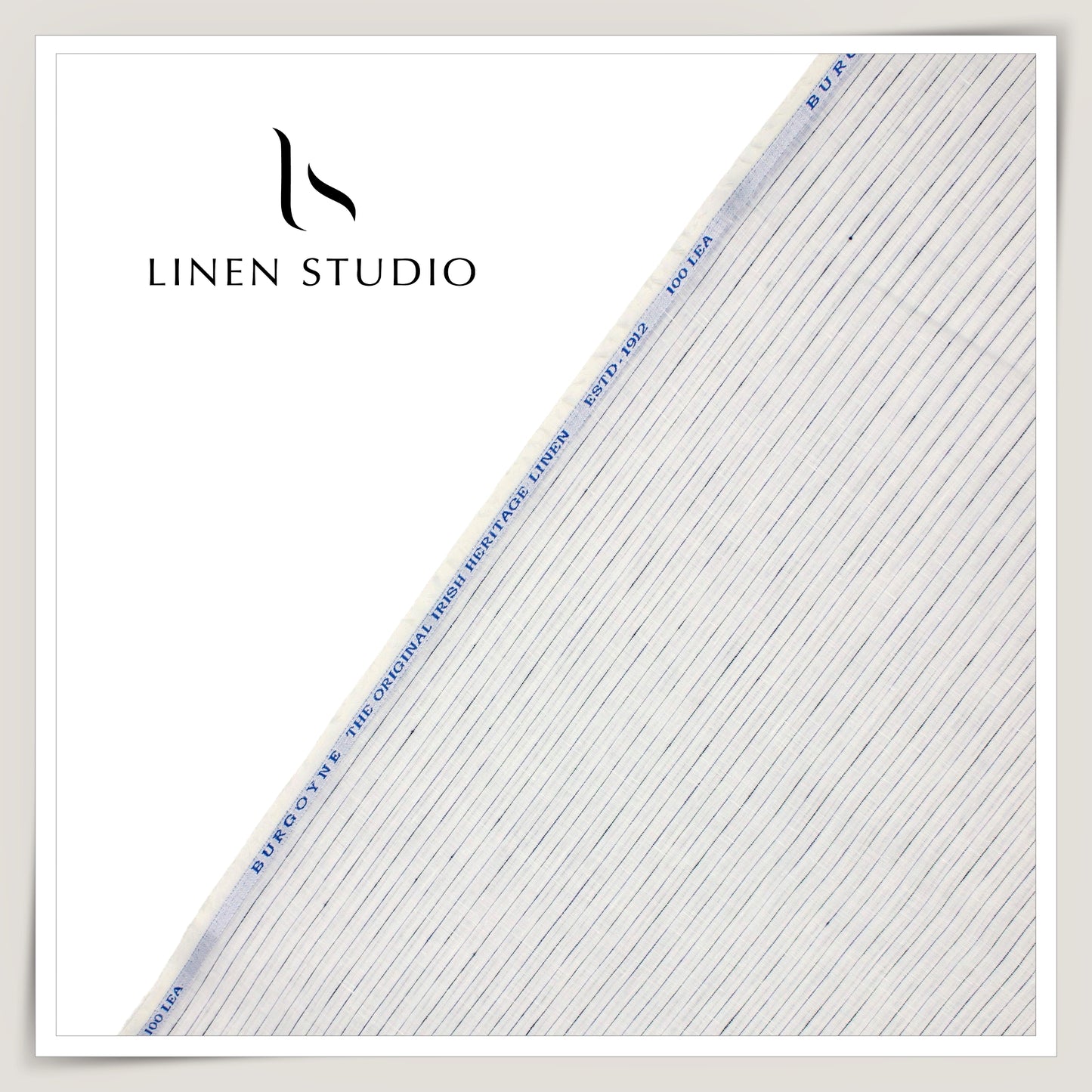 100 LEA PREMIUM Linen Shirting by Burgoyne - White with Classic Blue Stripes (NEW)
