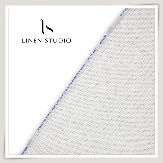 100 LEA PREMIUM Linen Shirting by Burgoyne - White with Classic Blue Stripes (NEW)
