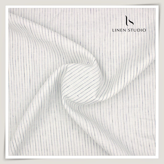100 LEA PREMIUM Linen Shirting by Burgoyne - White with Classic Blue Stripes (NEW)