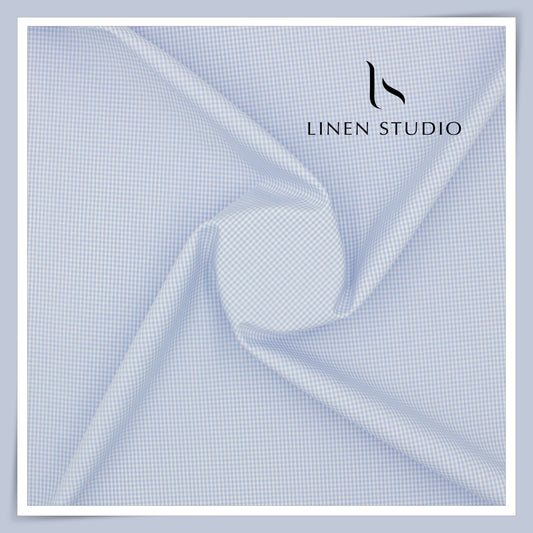 100% Finest Giza Cotton Shirting by Burgoyne - Light Blue Formal Small Checks (NEW)