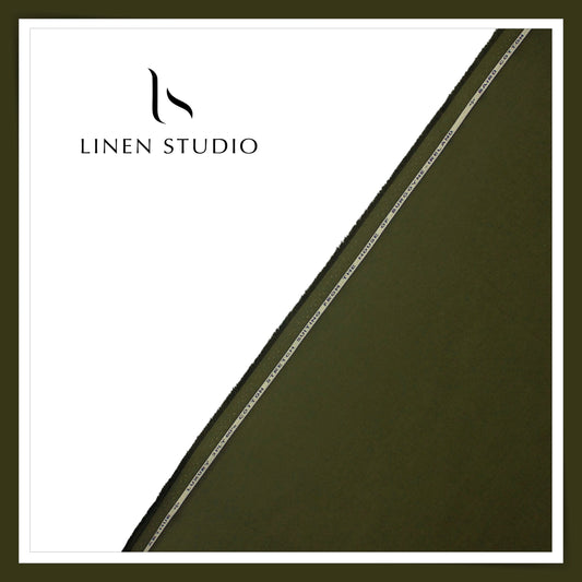 3 Ply 60's Count Stretchable Plain Cotton Suiting by Burgoyne Ireland - Military Green