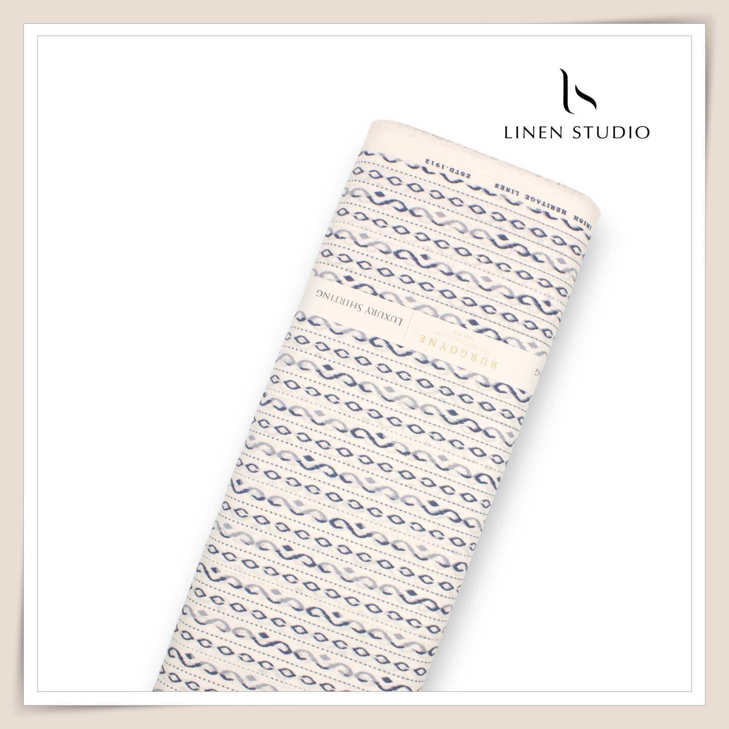 60 Lea Printed Linen Shirting by Burgoyne - Off White Blue (NEW)