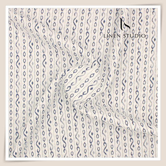 60 Lea Printed Linen Shirting by Burgoyne - Off White Blue (NEW)