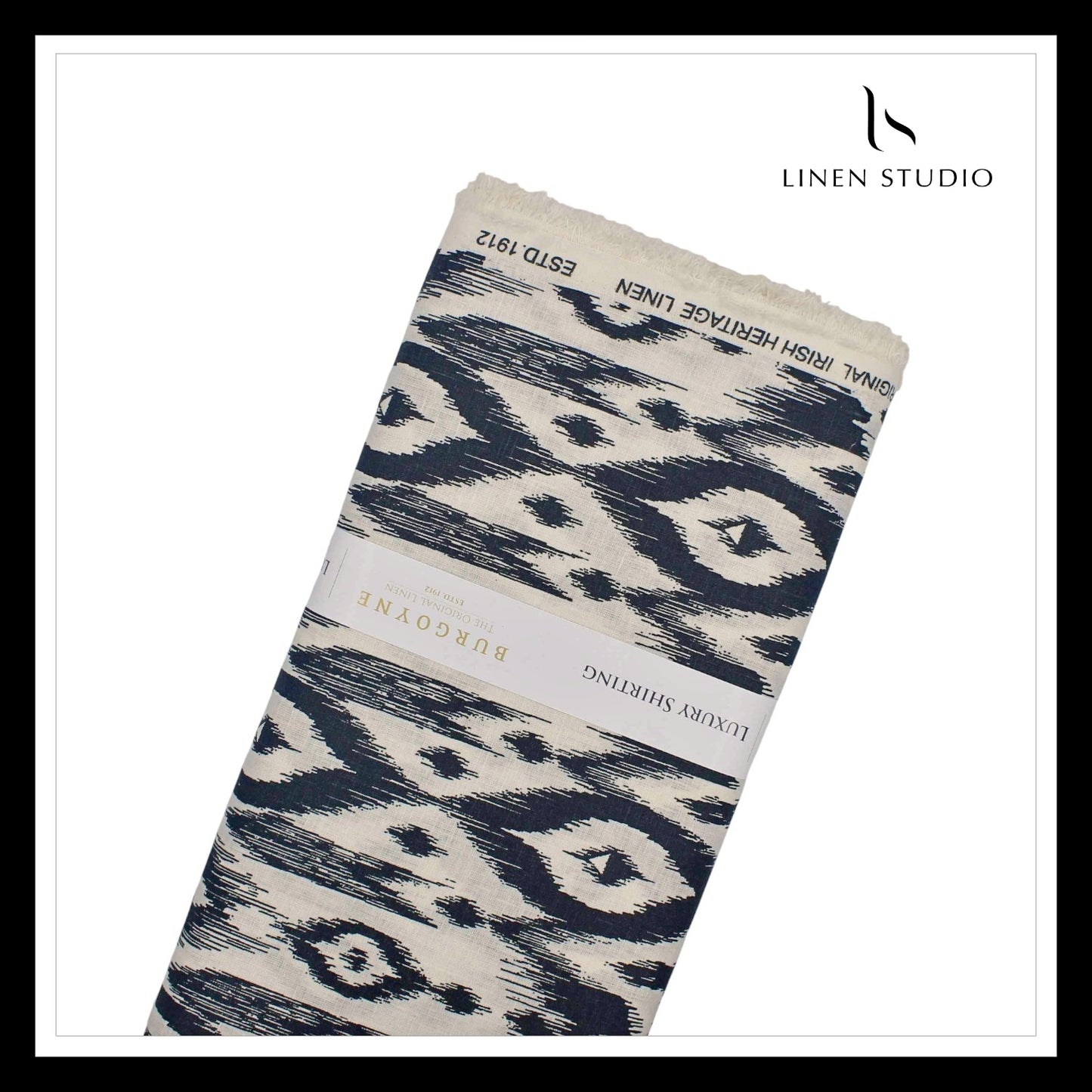 60 Lea Printed Pure Linen Shirting by Burgoyne - Black & Amber (NEW)