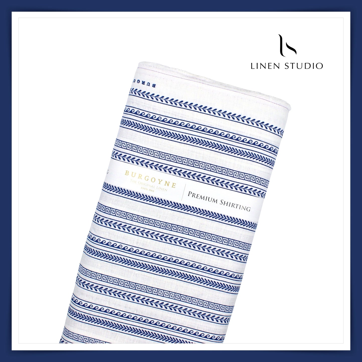 60 Lea Printed Linen Shirting by Burgoyne - Bright White & Blue Fancy Stripes (NEW)